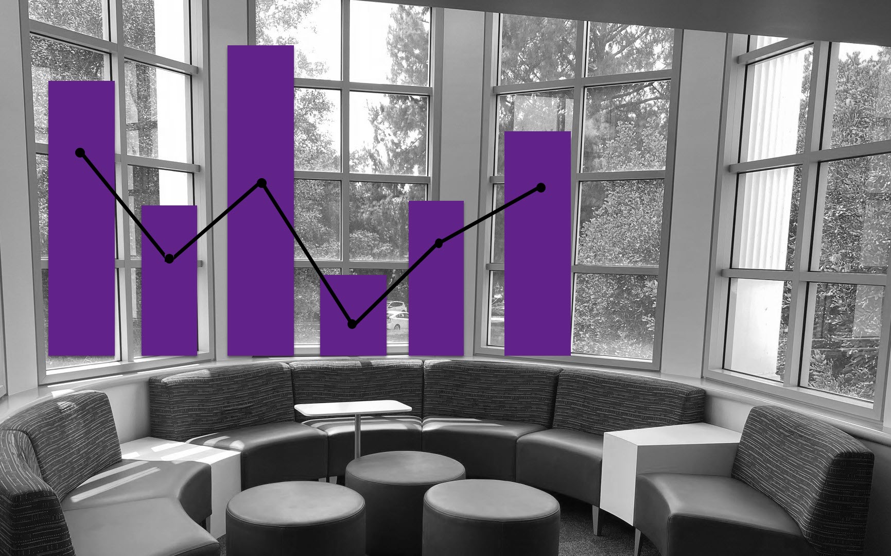 An image of the interior windows of the library overlaid with a data visualization.